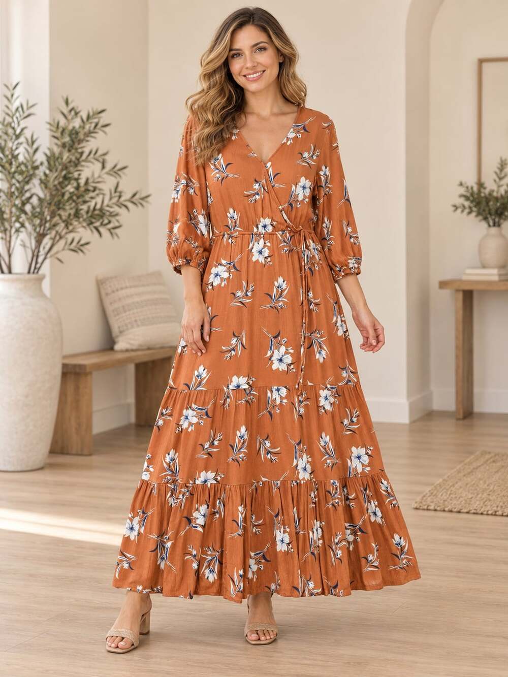 Orange Creek Size M Rust Orange Floral Tiered Maxi Dress